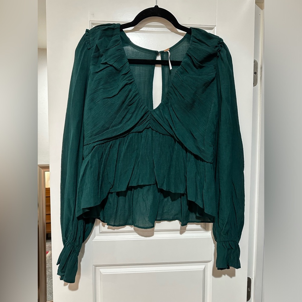 Free People Daia Top Garden Gem Emerald Green Cropped Blouse Open Back Ruffle